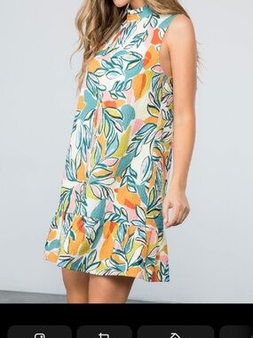 THML Sleeveless Ruffle-Hem Shift Dress in Coral, Teal, Orange, Cream